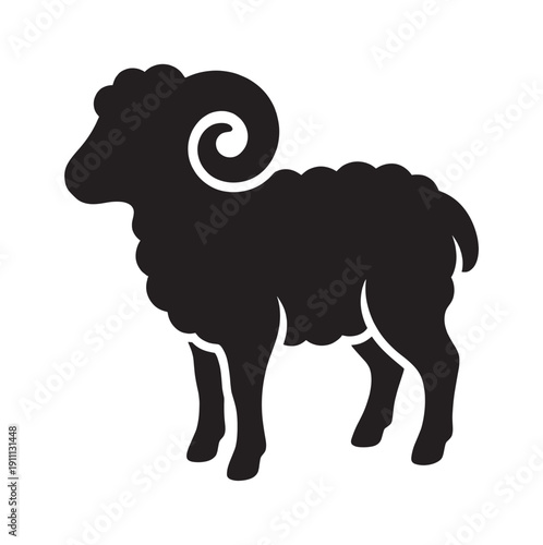Black silhouette illustration of a ram with large curled horns and a woolly coat, depicted standing in profile in a simple, flat graphic style