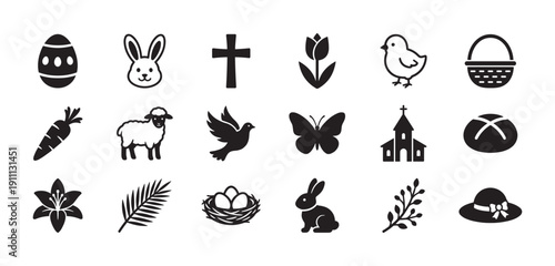 Set of black Easter holiday icons featuring a bunny, egg, cross, lamb, church, basket, and other traditional spring and religious symbols for celebration