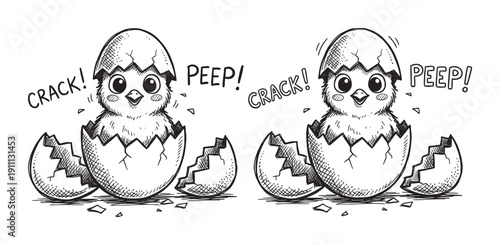 Two cute hand-drawn baby chicks hatching from cracked eggs in a charming black and white sketch style illustration with comic sound effects peep and crack