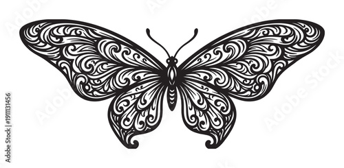 Black ornamental butterfly illustration with intricate filigree patterns on its wings, featuring elegant swirls and a symmetrical design for a tattoo or decorative art concept