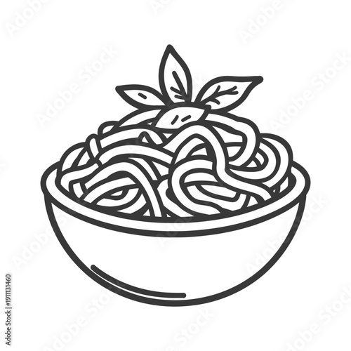 A simple illustration of spaghetti and fresh basil in a bowl