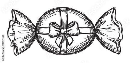 Hand-drawn black and white candy in a wrapper with a decorative ribbon and bow, depicted in a simple sketch style with cross-hatching details for a classic look