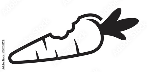 Black and white cartoon carrot icon with a large bite taken out of it, depicted in a simple, bold outline style with solid leaves, symbolizing a healthy snack or food