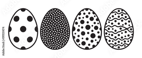 Four black and white decorated Easter eggs with various geometric patterns like polka dots and wavy lines, presented in a simple graphic illustration style for the spring holiday