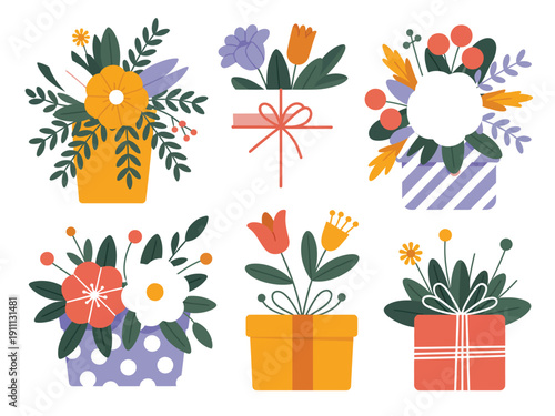 A colorful illustration of six gift boxes adorned with flowers and ribbons on a white background.