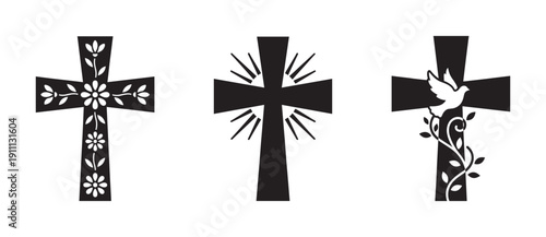 Three black Christian cross silhouettes with decorative floral, dove, and vine designs, a collection of religious symbols representing faith, spirituality, hope, and salvation