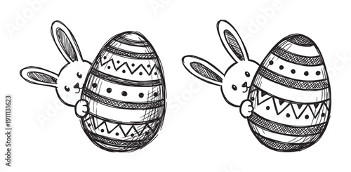 Two hand-drawn Easter bunnies peeking from behind large decorated eggs in a cute black and white sketch style illustration for a festive spring holiday celebration