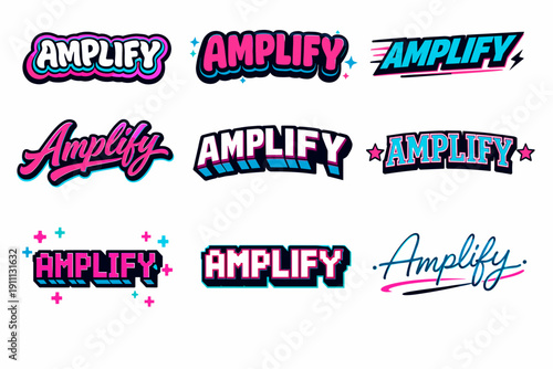Stylized 'amplify' typography designs in vibrant colors