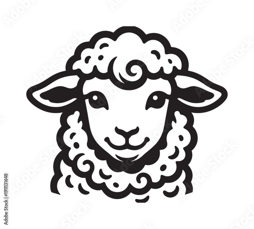 Cute lamb head logo in a bold black and white stencil style, featuring a friendly face with soft curly fleece, representing innocence, farming, and gentle nature