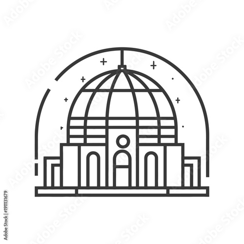 An illustrated outline drawing depicting a dome like building structure