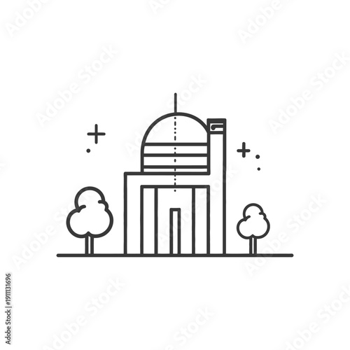 Simplified outline of a dome building with two trees nearby