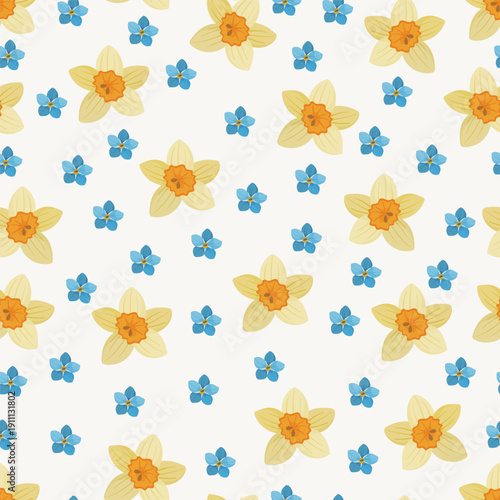 Floral seamless pattern featuring yellow narcissus (daffodils) and small blue forget-me-not blossoms on a white background. Digital hand-drawn botanical texture for spring textile, wallpaper