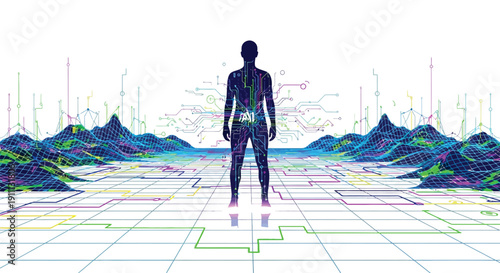 Human silhouette filled with electronic circuits stands ready within a vibrant digital landscape environment