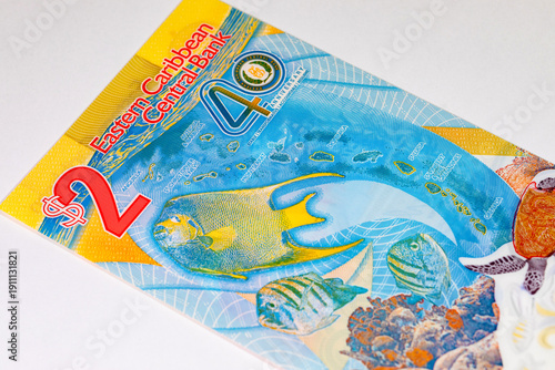 2 Dollars Eastern Caribbean, Polymer banknote with the image of islands and underwater world. Eastern Caribbean money