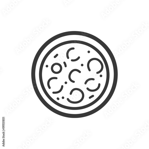 A simple black and white illustration of a round pizza pie