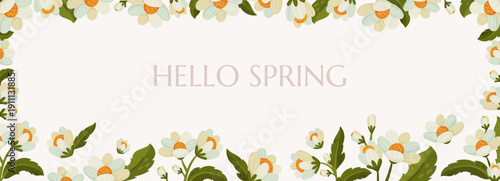 Horizontal floral banner featuring "Hello Spring" text framed by white blossoms and green leaves. Digital hand-drawn botanical illustration for web headers, social media covers, seasonal advertising