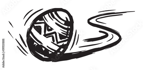 Powerful black and white ink drawing of a stylized abstract sphere with a geometric face, rendered in a bold woodcut style and moving with dynamic speed and energy