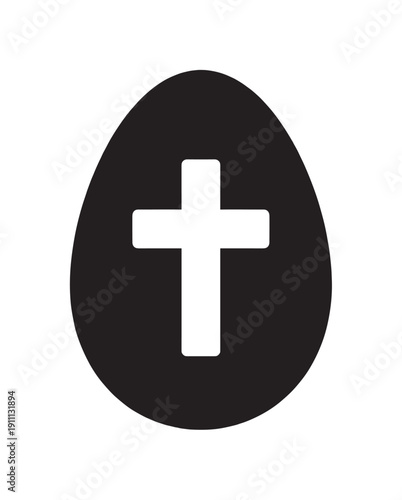 Black Easter egg icon with a white Christian cross symbol cut out from the center, representing faith, resurrection, and the religious holiday in a minimalist graphic style