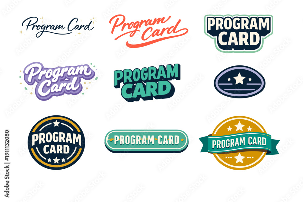 Obraz premium Assorted program card logos featuring diverse font styles and color themes