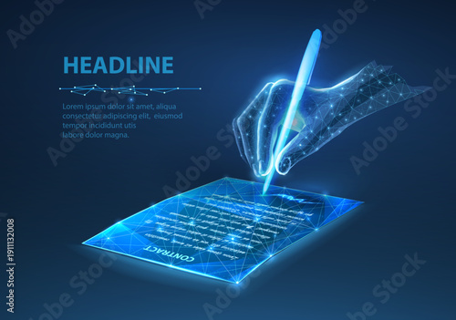 Digital contract signing. Electronic signature process, AI legal approval system, modern online agreement technology, smart business documentation, secure transaction innovation