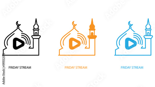 Play button icons with different cultural landmarks in minimalist style isolated on transparent background, Vector