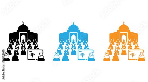 Three stylized icons depicting historical or architectural landmarks with figures isolated on transparent background, Vector