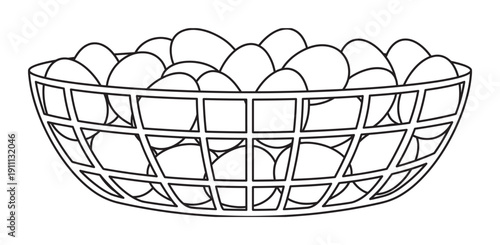 Basket full of fresh farm eggs depicted in a simple black and white line art illustration, perfect for a coloring book page or a minimalist food icon