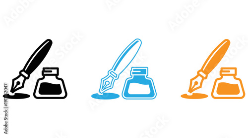Three vintage quill pens with distinct ink colors in an artistic arrangement isolated on transparent background, Vector