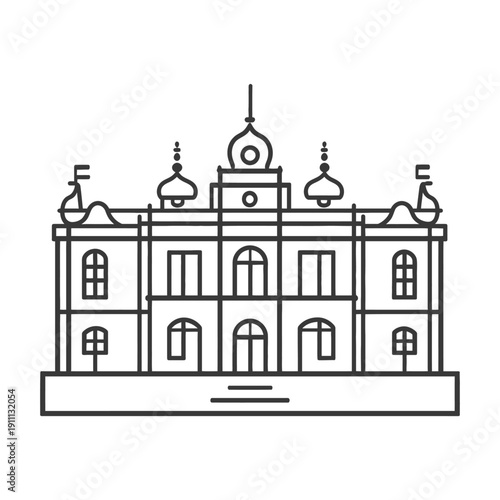 A detailed architectural drawing depicting a historic building facade