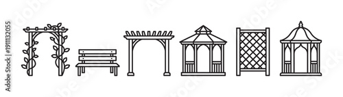 Set of garden furniture and structure icons including a gazebo, pergola, bench, trellis, and archway with vines, presented in a clean black and white line art vector style