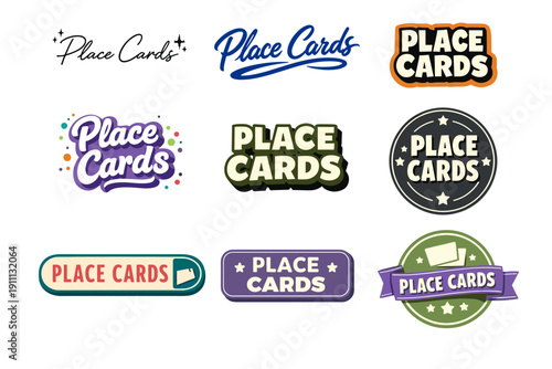 Colorful place card designs with various fonts and styles