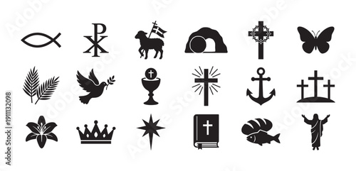Collection of black Christian religious symbols including the cross, fish, dove, lamb, and empty tomb representing faith, hope, and salvation in a minimalist icon set