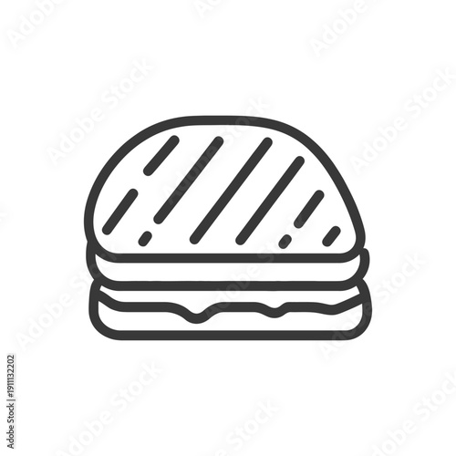 Simple black and white icon depicting a sandwich or burger