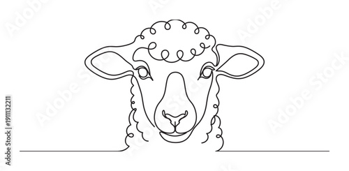 Sheep head drawn in a continuous one line art style, featuring a simple and modern black outline sketch of the farm animal with curly wool and a gentle expression