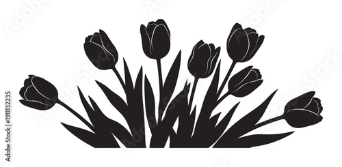 Black silhouette illustration of blooming tulips with long stems and sharp leaves in a minimalist graphic style, representing nature, spring, and botanical beauty in a simple design