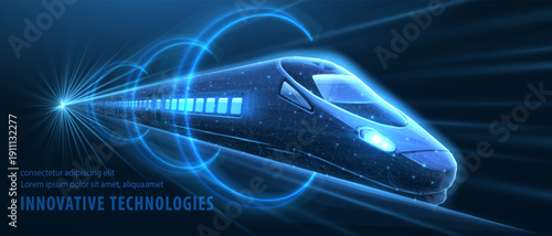 Futuristic high speed train. Smart railway transport system, AI urban mobility technology, modern rapid transit innovation, digital infrastructure, advanced city connection