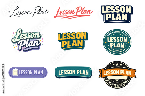 Collection of lesson plan logos with various styles and colors