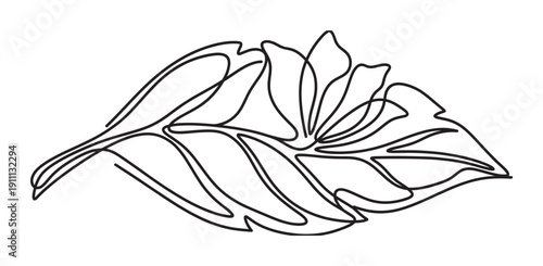 Single continuous line drawing of a stylized botanical leaf with an intricate and elegant design, showcasing a minimalist and modern artistic approach to nature illustration