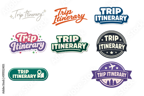 Colorful trip itinerary badge designs with travel themes and icons