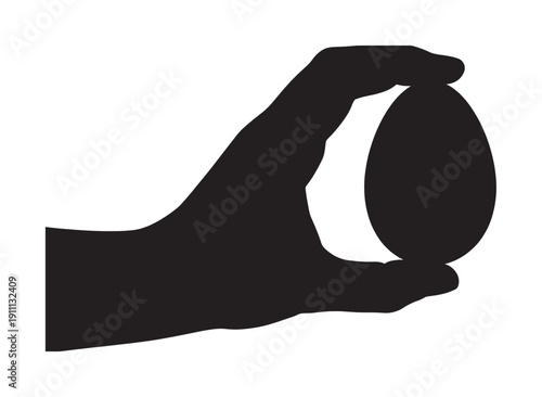 Black silhouette of a human hand holding an egg, a minimalist graphic icon representing concepts like fragility, care, new beginnings, or food and nutrition in a simple vector style