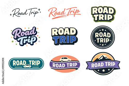 Variety of road trip logos with text and design elements