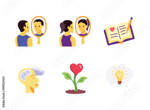 Flat colorful icons of self-reflection, self-love, journaling, clear mind, heart growth.