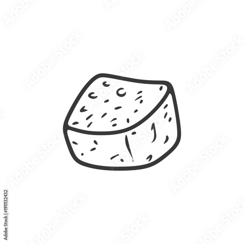 A simple black and white illustration of a cheese wedge