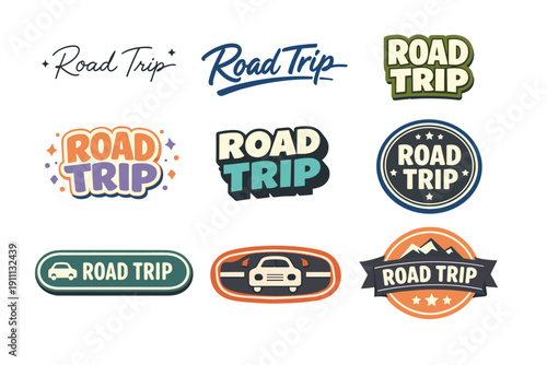 Road trip badge collection: retro logos and colorful designs