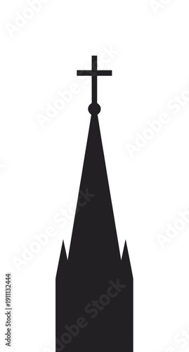 Black church steeple silhouette with a cross on top of a pointed spire, a simple and minimal graphic icon representing Christianity, faith, and worship