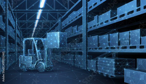 Digital warehouse storage. Automatic stock management, modern distribution center, ecommerce logistics system, smart inventory hardware, AI cargo handling, commercial depot interior