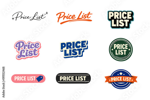 Variety of colorful 'price list' designs in different fonts and styles