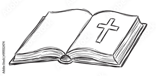 Open holy bible with a cross drawn on its page is shown in a simple black and white hand-drawn sketch style, symbolizing faith, religion, and spirituality