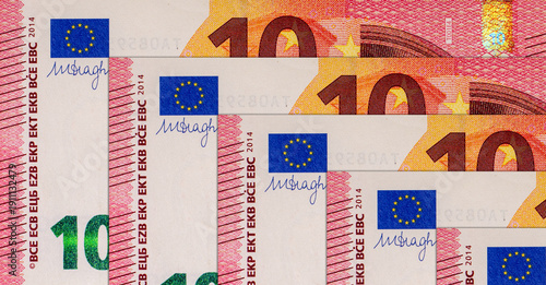 10 euro banknote, fragment for designers. Money of the European Union and Europe.