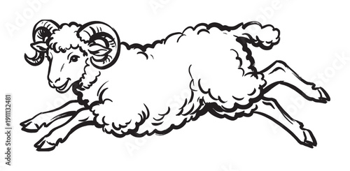 Happy jumping ram with large horns drawn in a bold black and white brush stroke style, depicted in a dynamic leaping motion with a cheerful and energetic expression